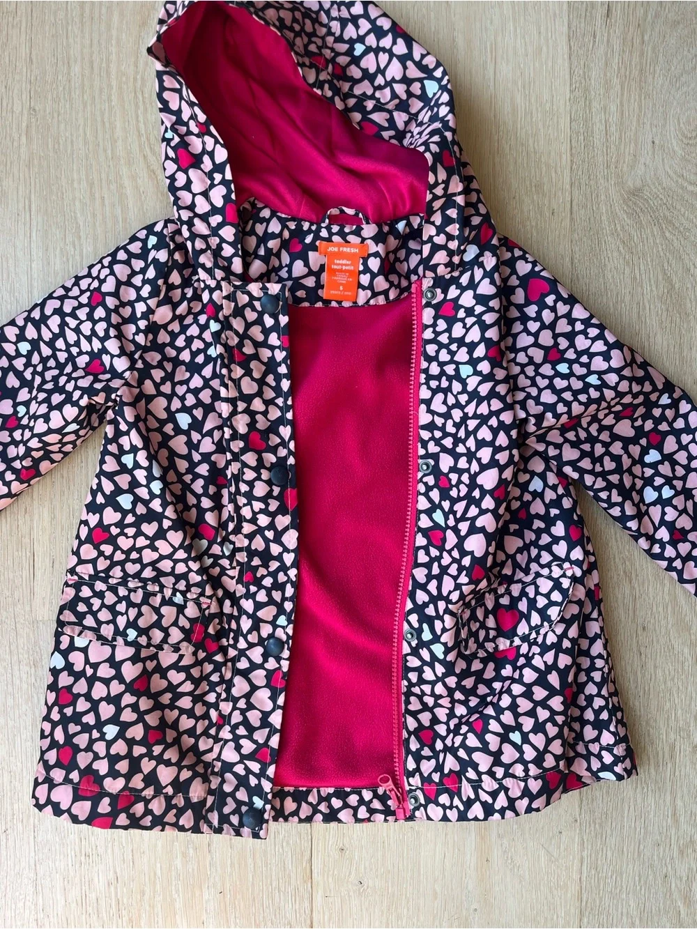 Joe Fresh Girls' Heart Print Hooded Raincoat - Pink & Black